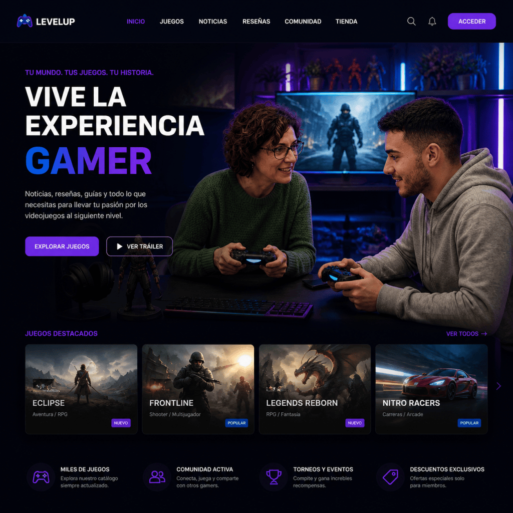 Página de LevelUp con el texto «VIVE LA EXPERIENCIA GAMER» y juegos destacados