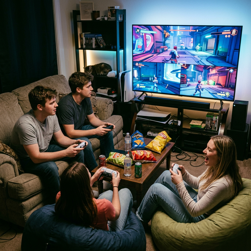 Four friends playing a multiplayer video game in a living room